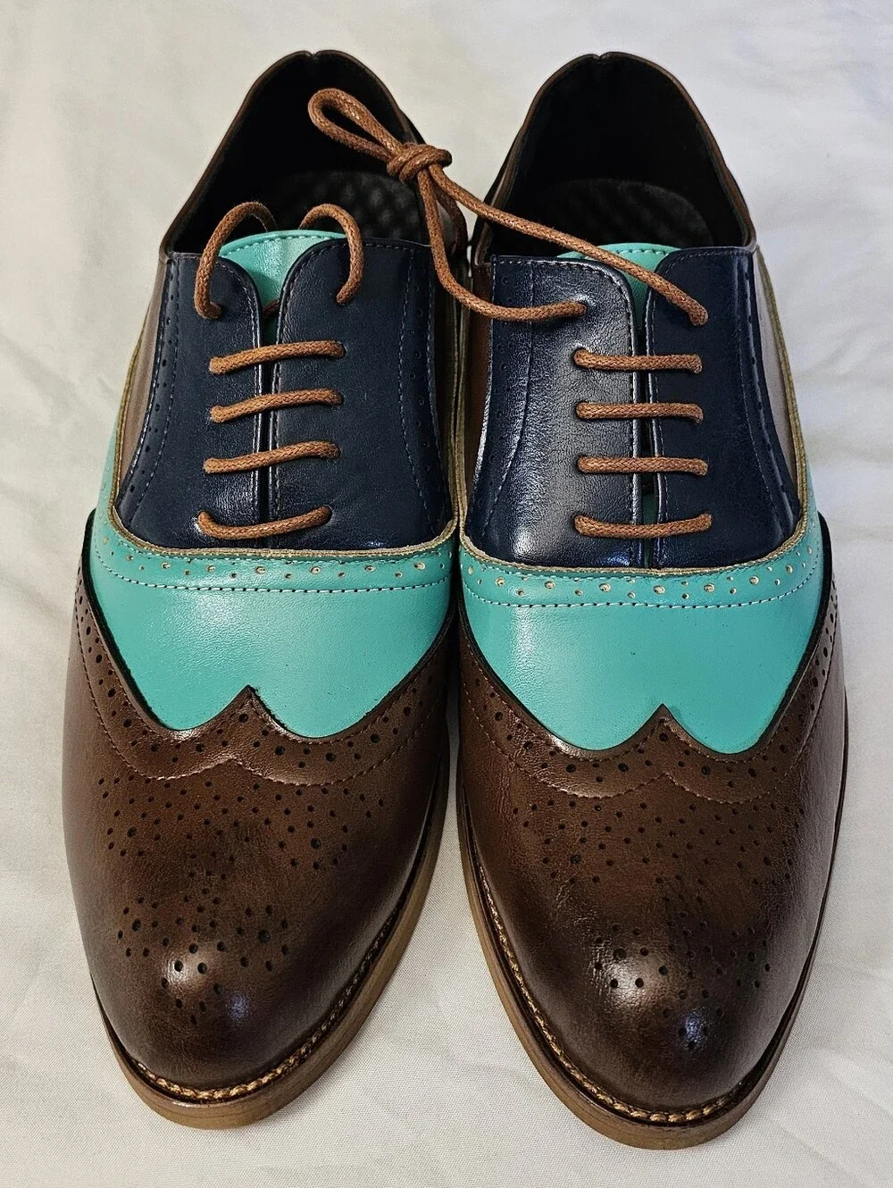 Unique Tri-Tone Faux Leather Lace Up Brogue Oxford Shoes Wingtip Loafers NEW